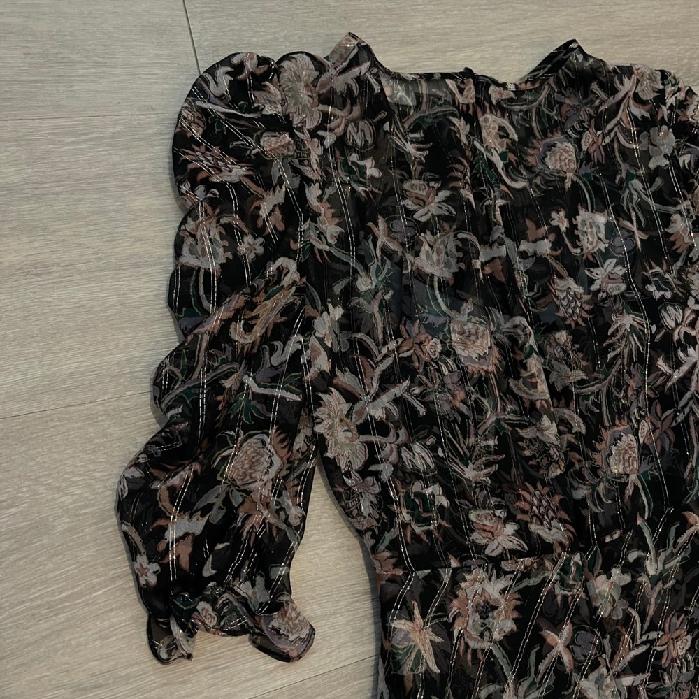 Veronica Beard Mitjana Floral Silk Dress Size 0 Black Ruched Sleeve Midi Chic - Picture 16 of 16